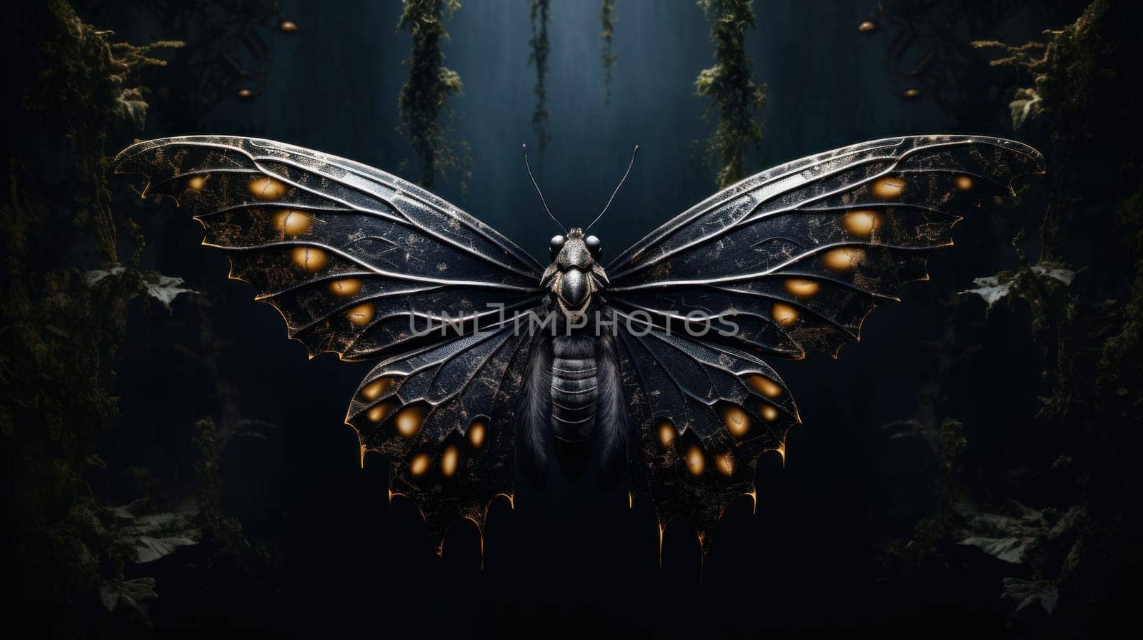 A large black butterfly with gold eyes and wings on a dark background, AI by starush