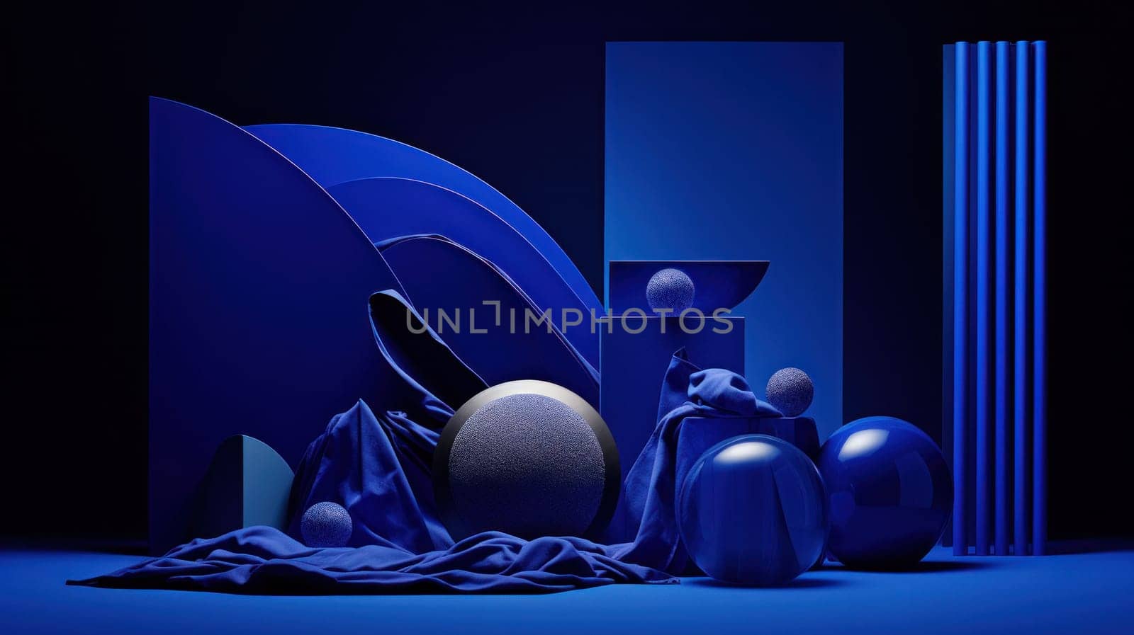 A group of blue objects are arranged on a dark background