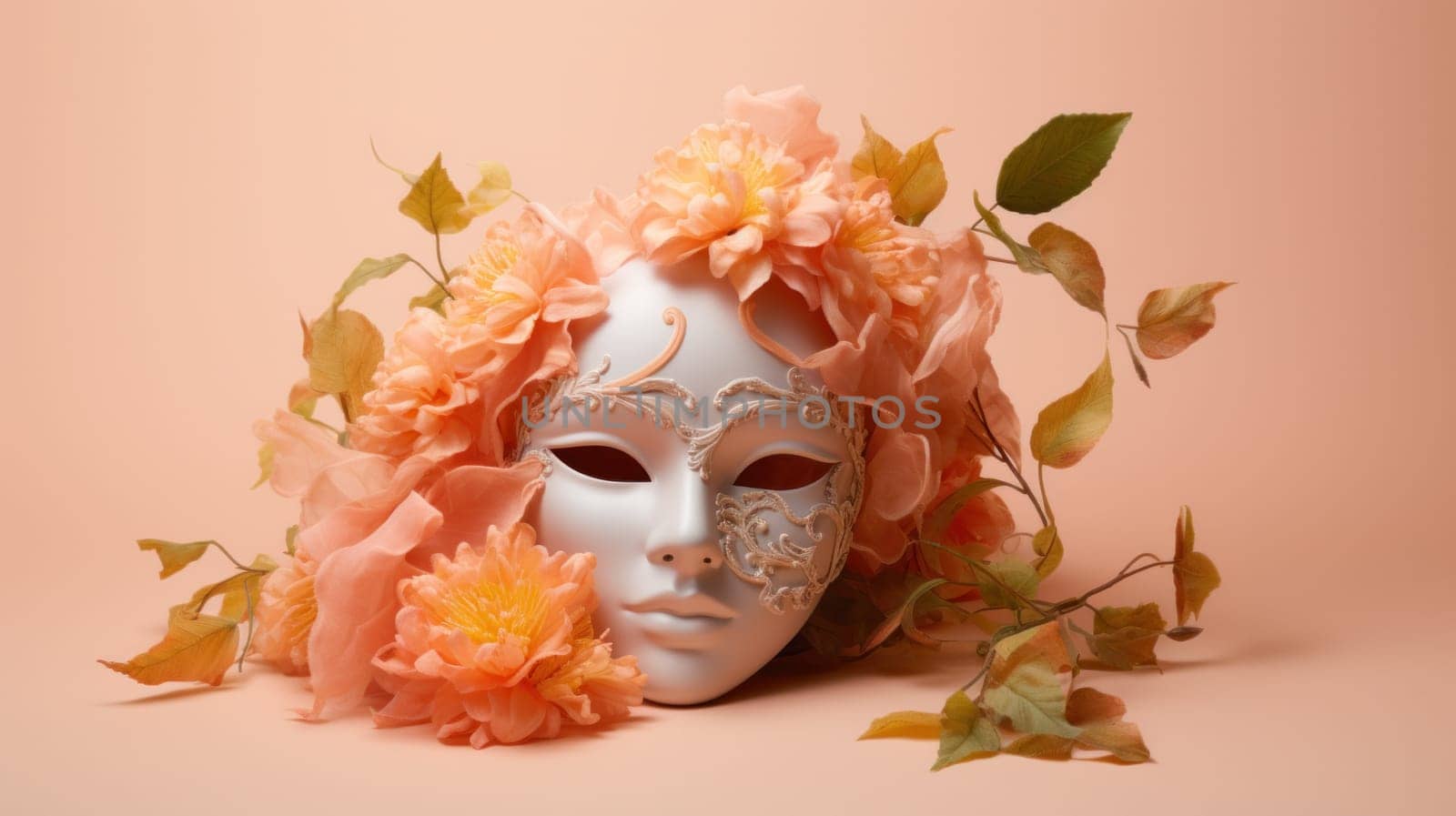 A white mask with flowers and leaves on a pink background