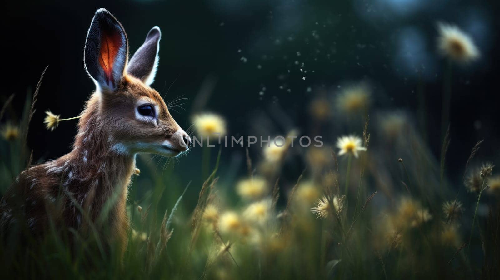 A deer is standing in a field of flowers with the sun behind it