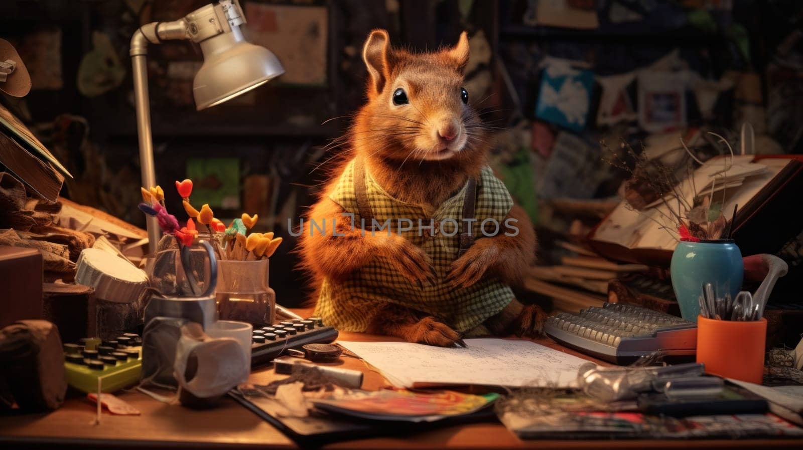 A squirrel sitting on a desk with papers and other items