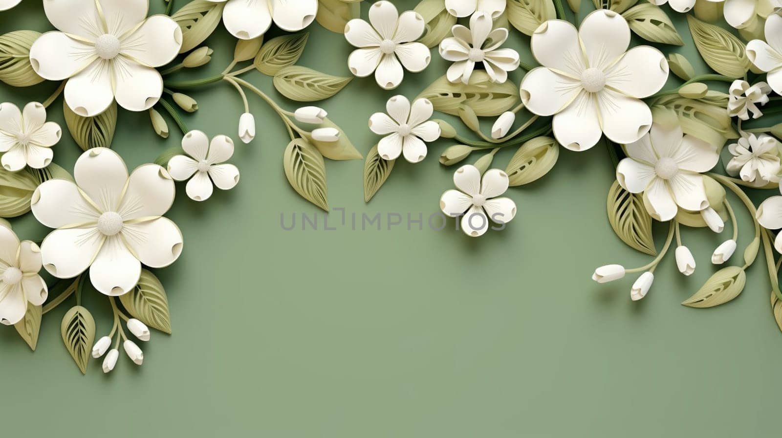 A 3D illustration of white paper flowers and green leaves on a solid dark green background, with a creative design and crafted aesthetic. High quality photo