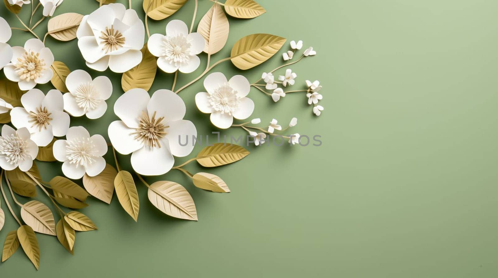 A 3D illustration of white paper flowers and green leaves on a solid dark green background, with a creative design and crafted aesthetic. High quality photo