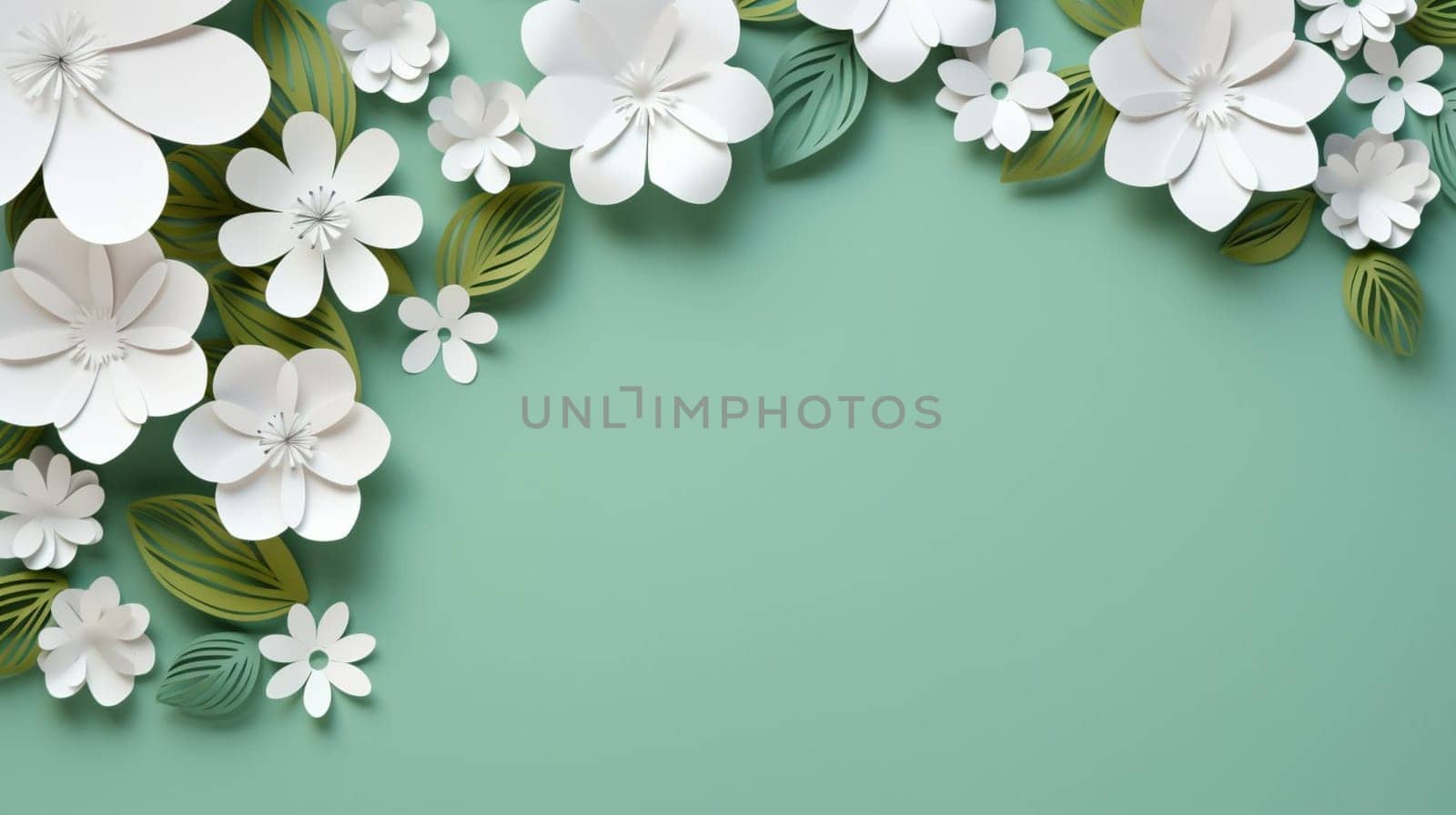 A 3D illustration of white paper flowers and green leaves on a solid dark green background, with a creative design and crafted aesthetic. High quality photo