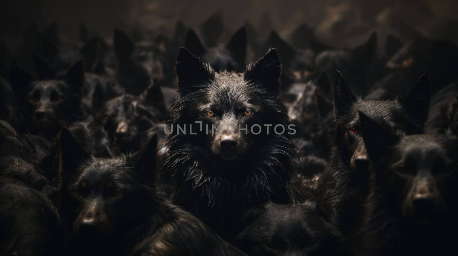 A large group of black dogs with red eyes in a dark room