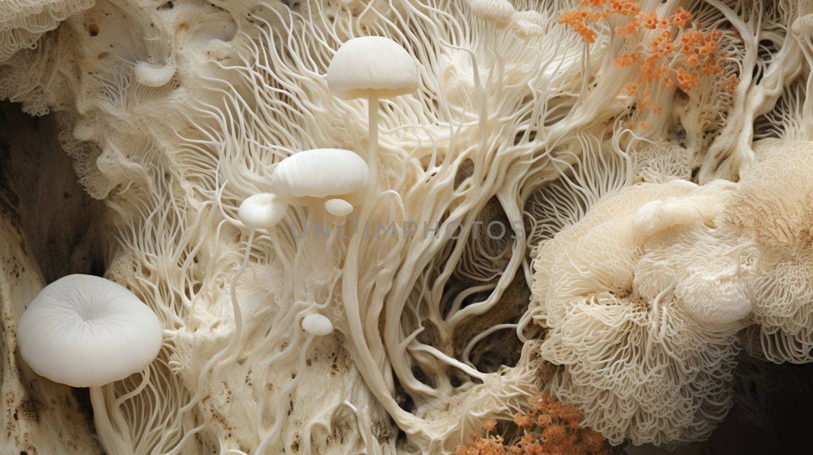 A close-up image depicting an intricate network of white and orange mushroom bodies and delicate mycelium threads intricately woven across a rich, earthy substrate. High quality photo