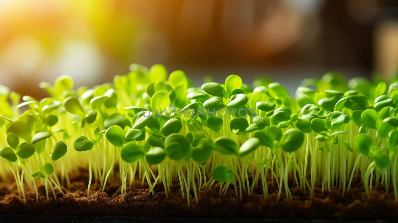 Vibrant green seedlings bask in sunlight. High quality photo