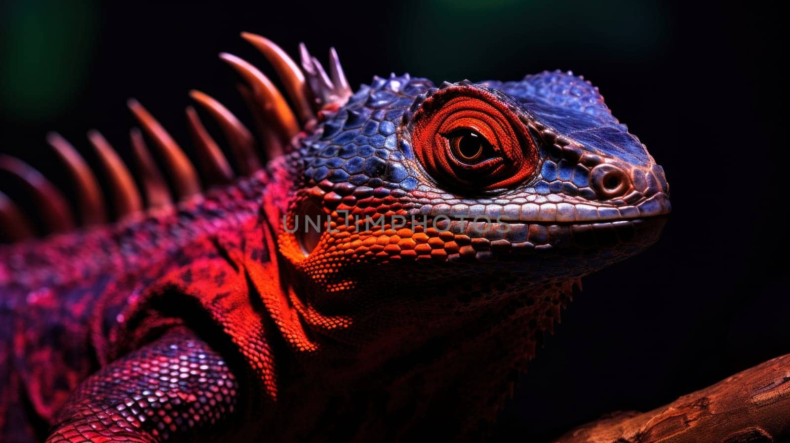 A close up of a colorful lizard with bright red eyes