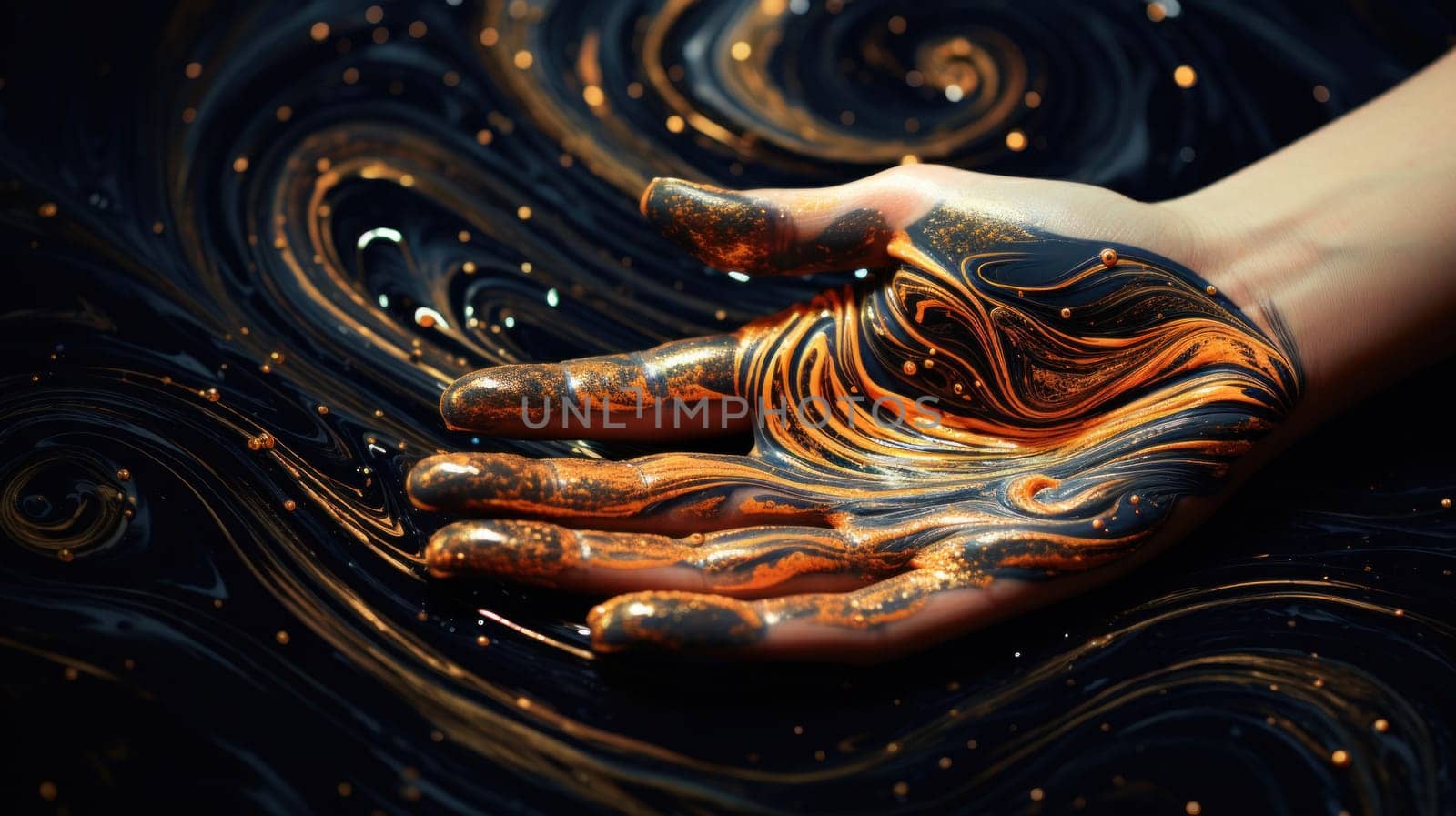 A person's hand painted with gold and black swirls on a dark background