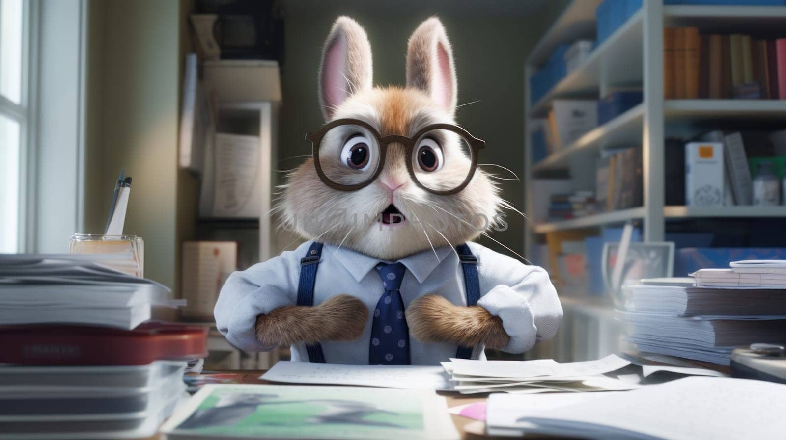 A rabbit in glasses and a tie sitting at a desk