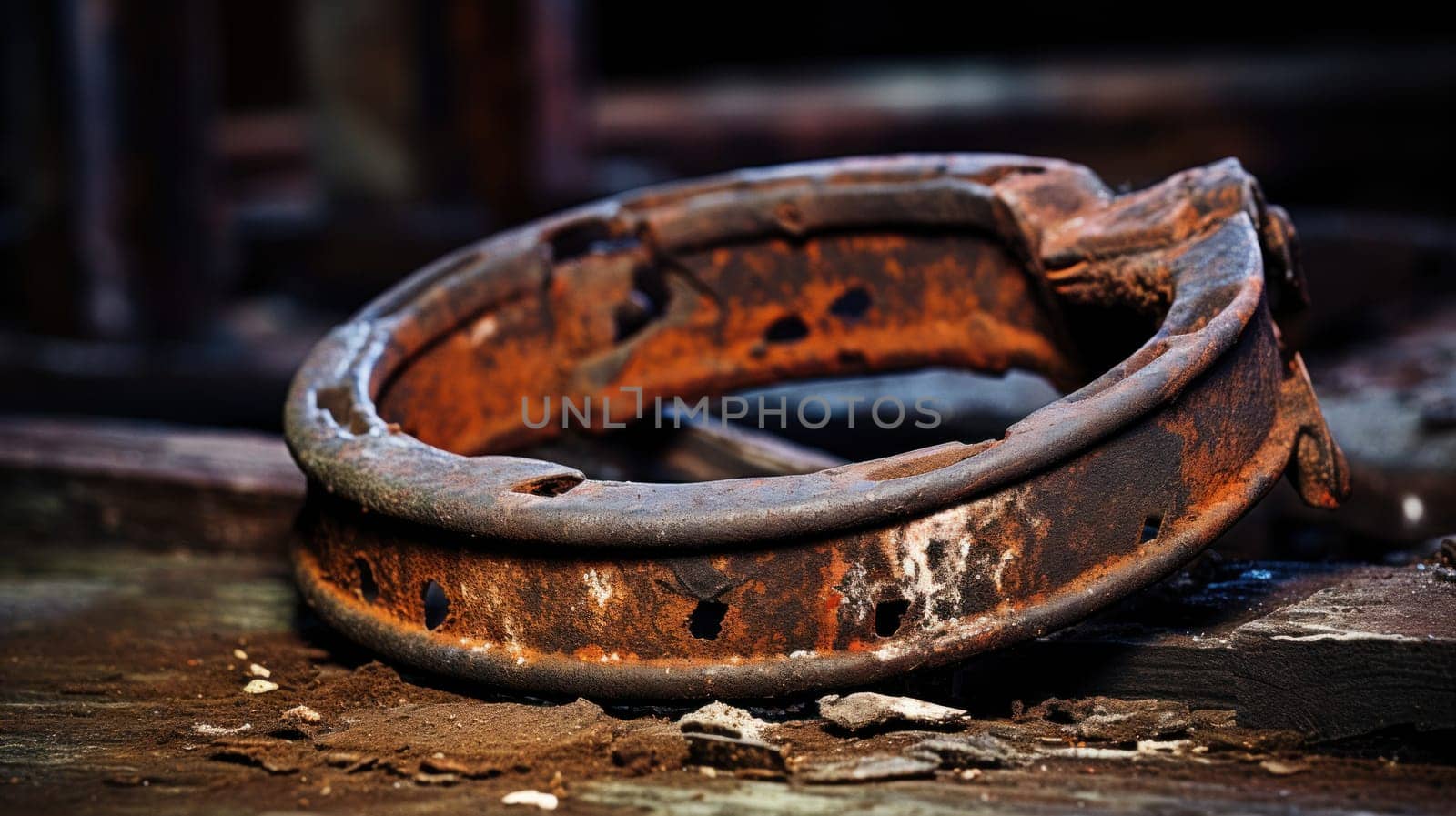 A rusted metal ring sitting on top of a pile of rubble