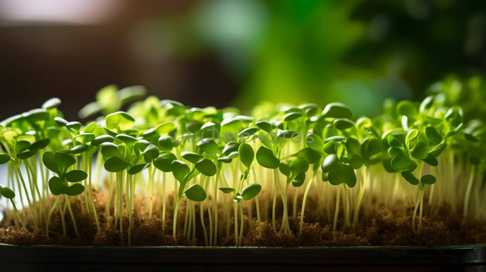 Young green sprouts grow in sunlit soil. High quality photo