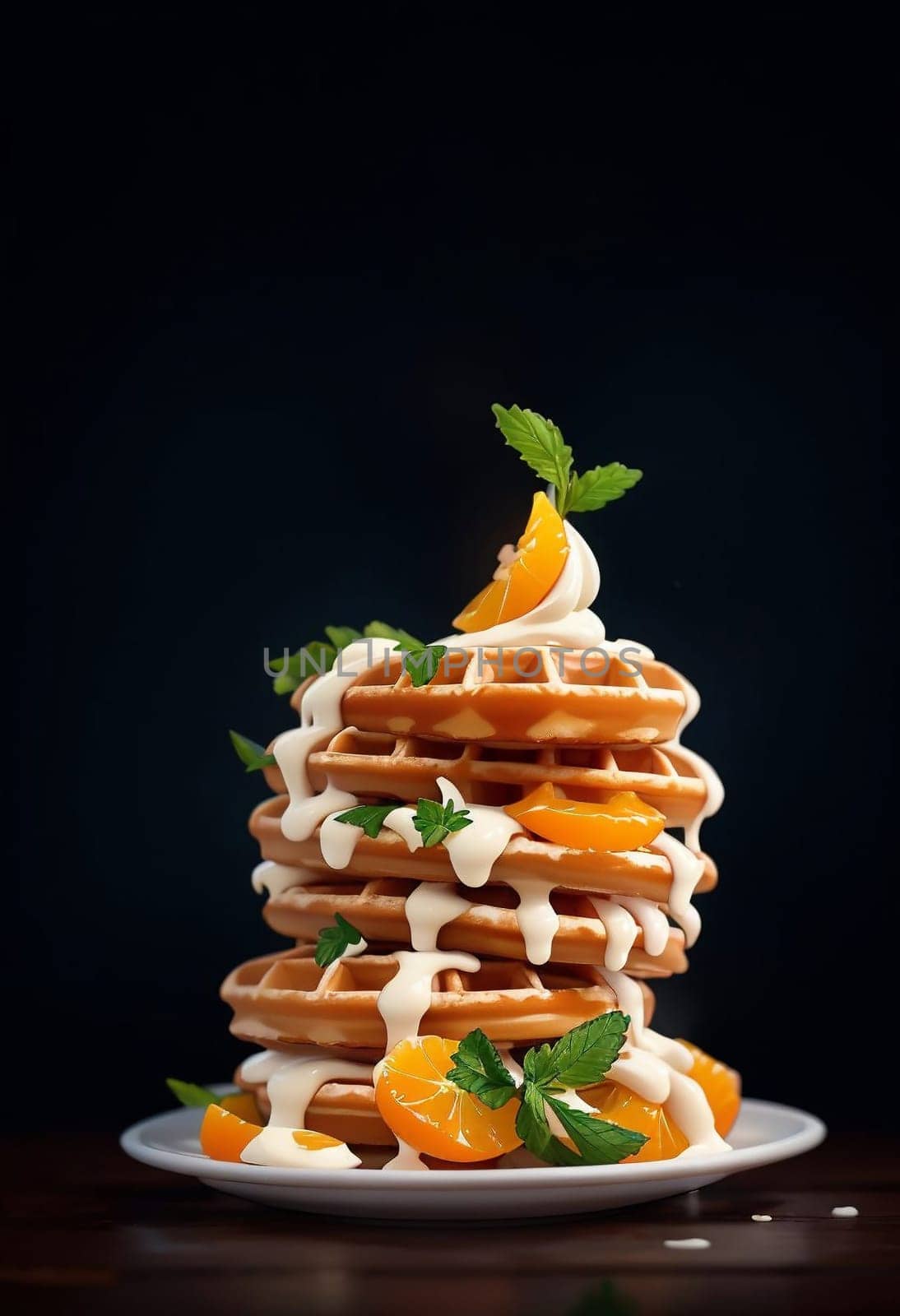 Cooked sweet Belgian waffles with oranges on a black by Rawlik