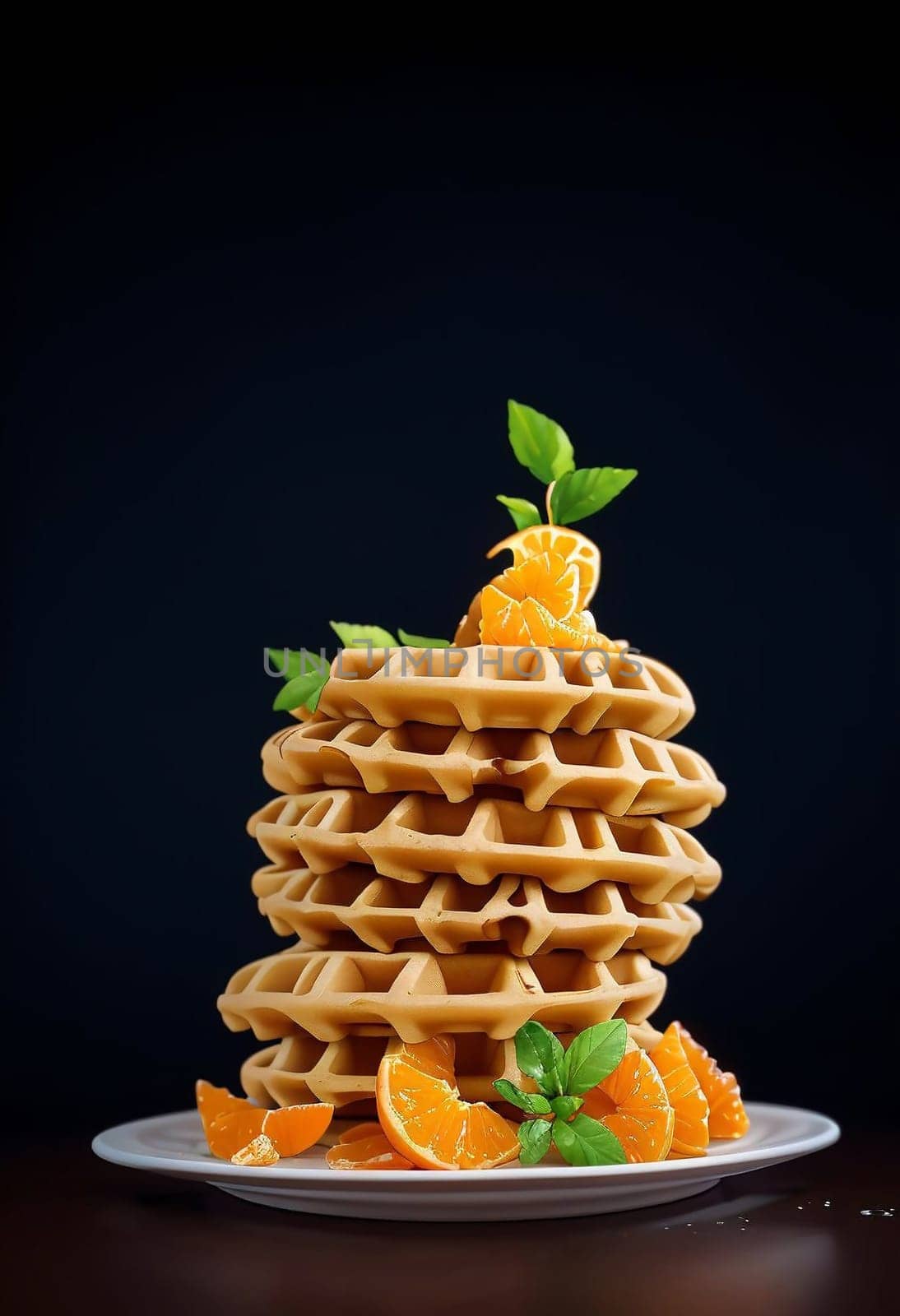 Cooked sweet Belgian waffles with oranges on a black background. AI generated image.