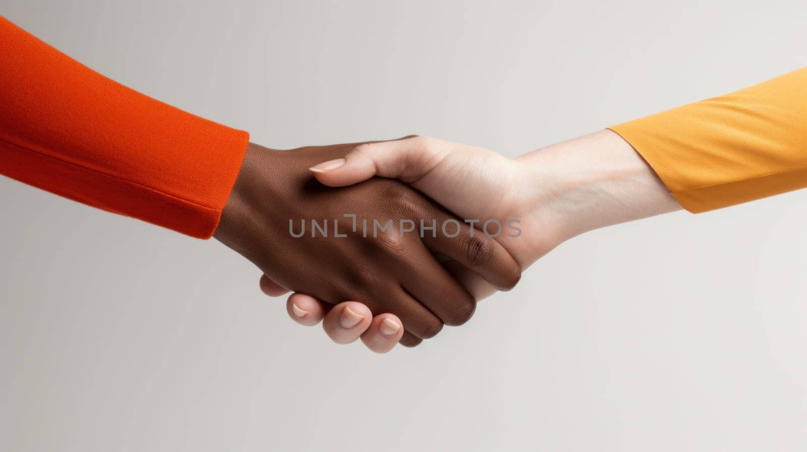 Two people of different races shaking hands with one hand in orange and the other in red, AI by starush