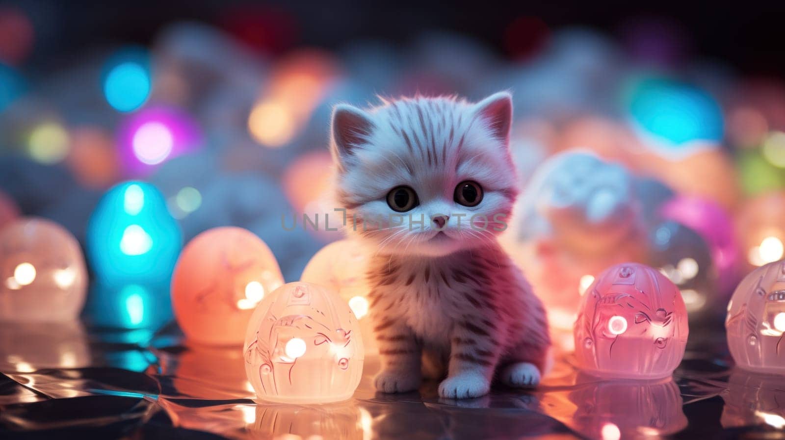 A small kitten sitting in front of a bunch of lit up eggs