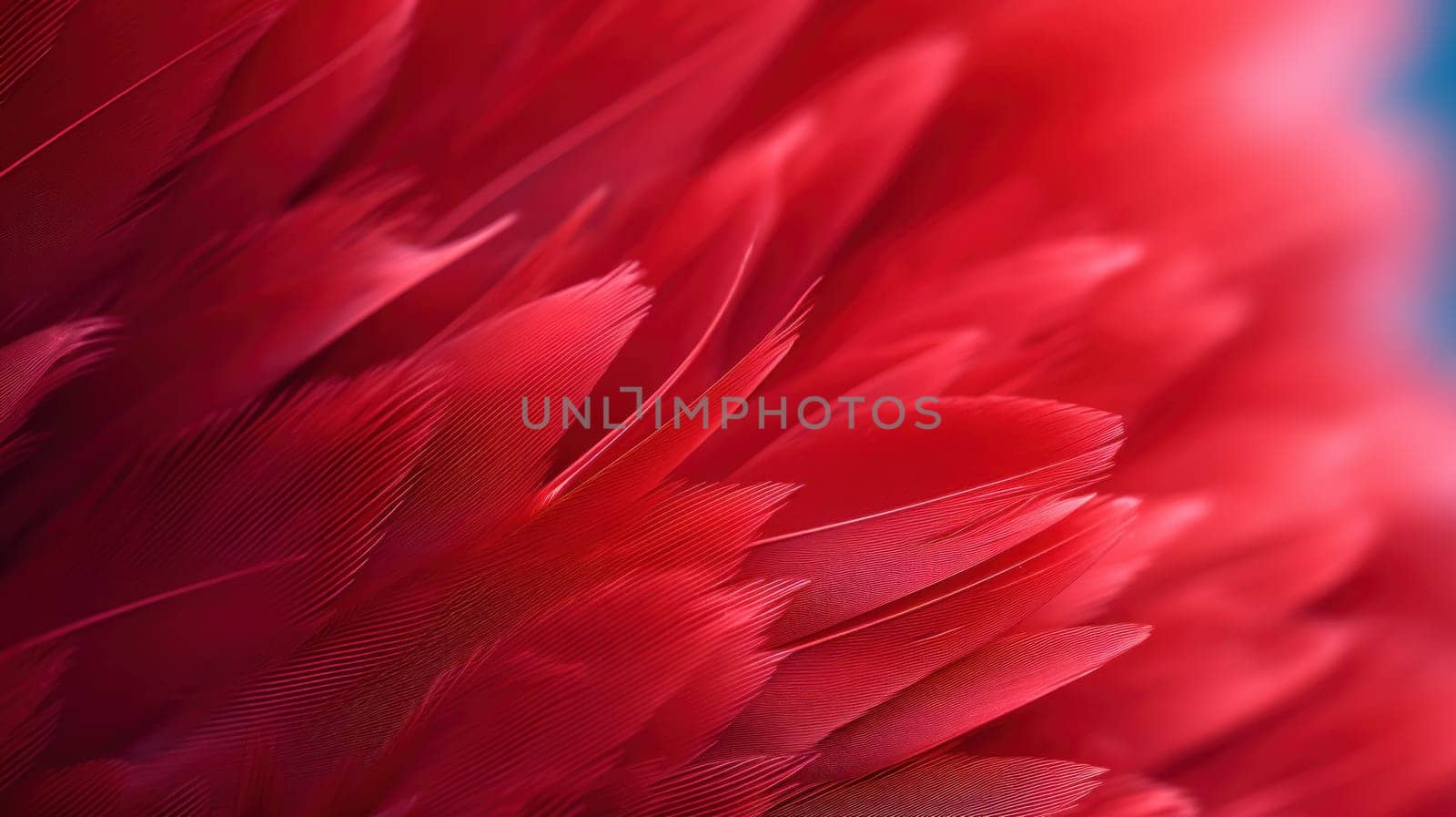 A close up of a red feathery bird with blue background