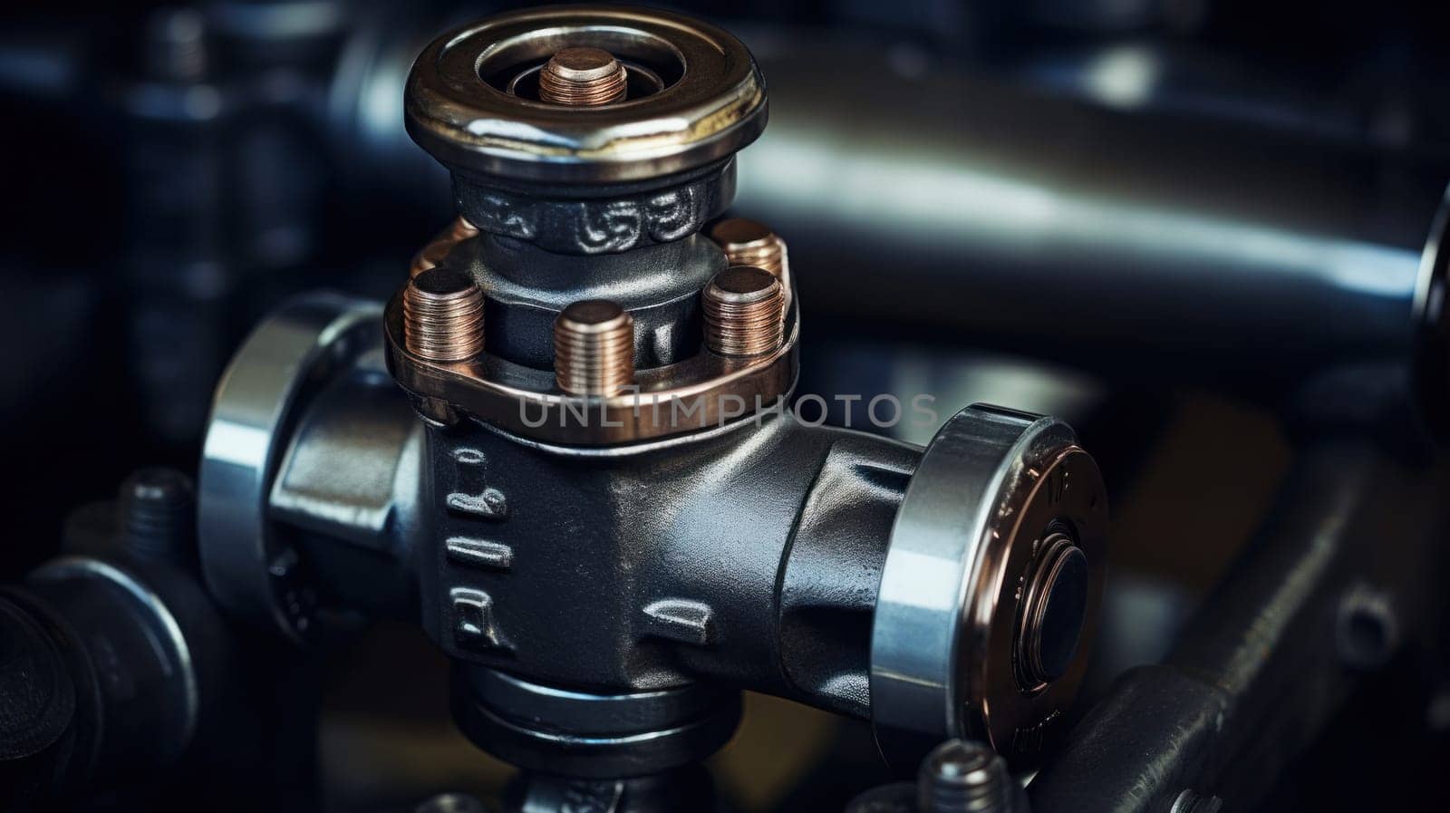 A close up of a valve with some pipes around it