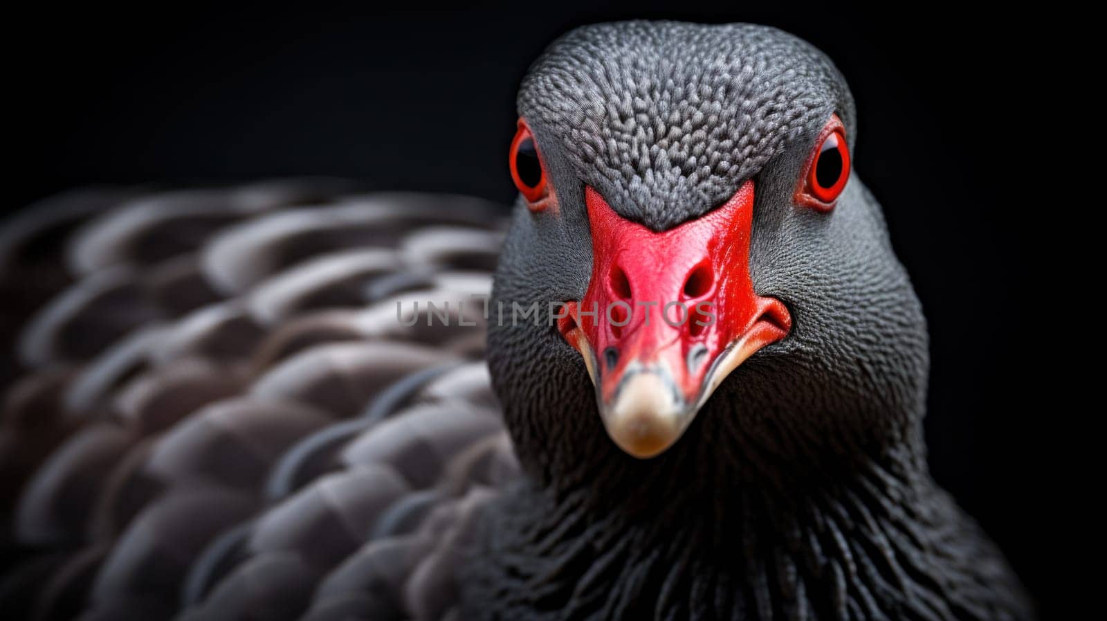A close up of a bird with red eyes and black feathers