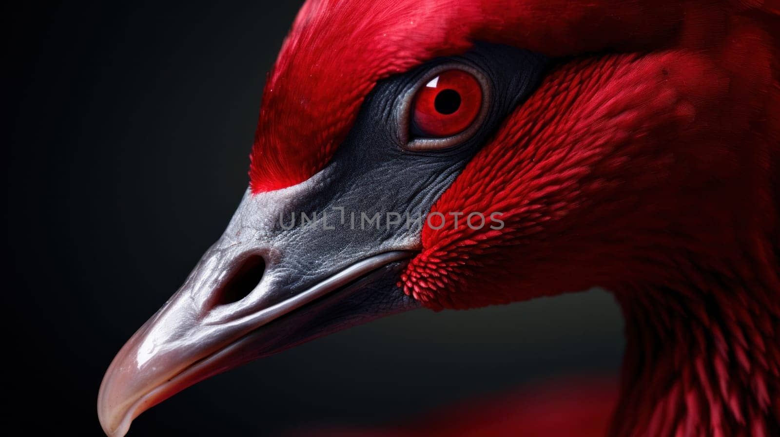 A close up of a red bird with bright eyes and black feathers