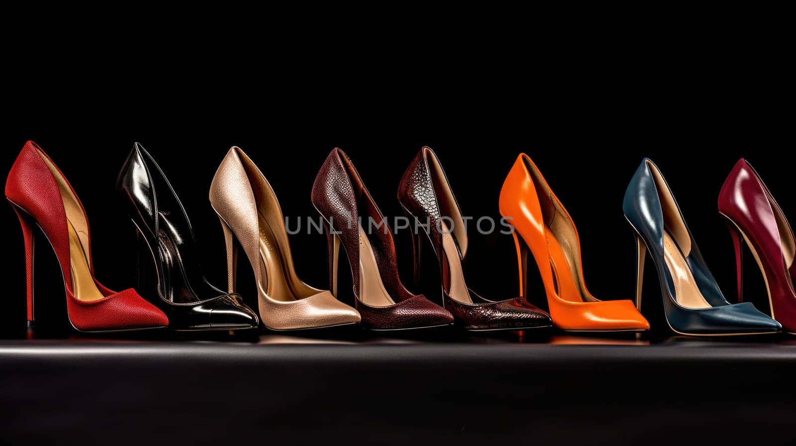 A row of high heeled shoes lined up on a black surface