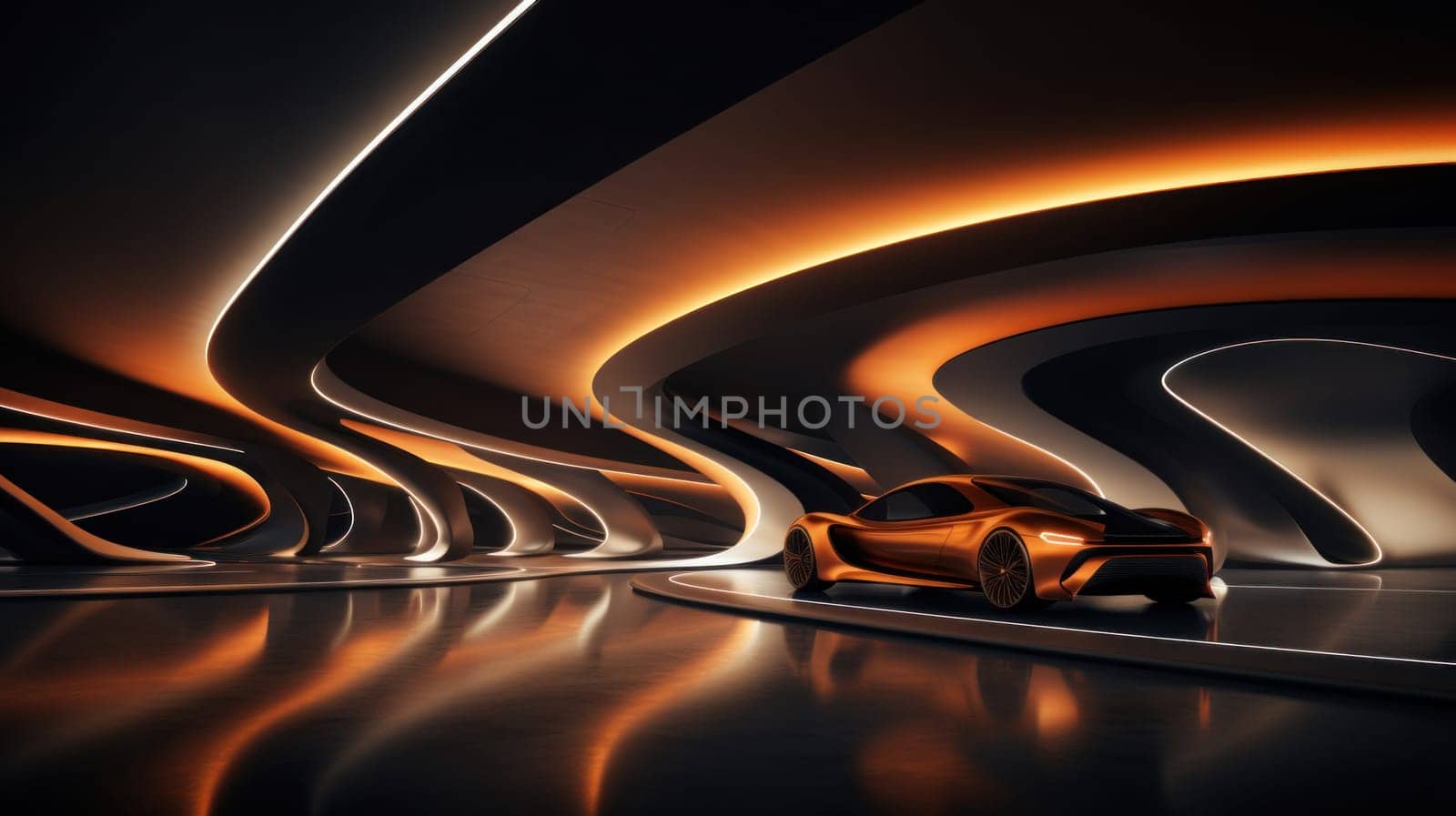 A futuristic car is sitting in a tunnel with orange lighting