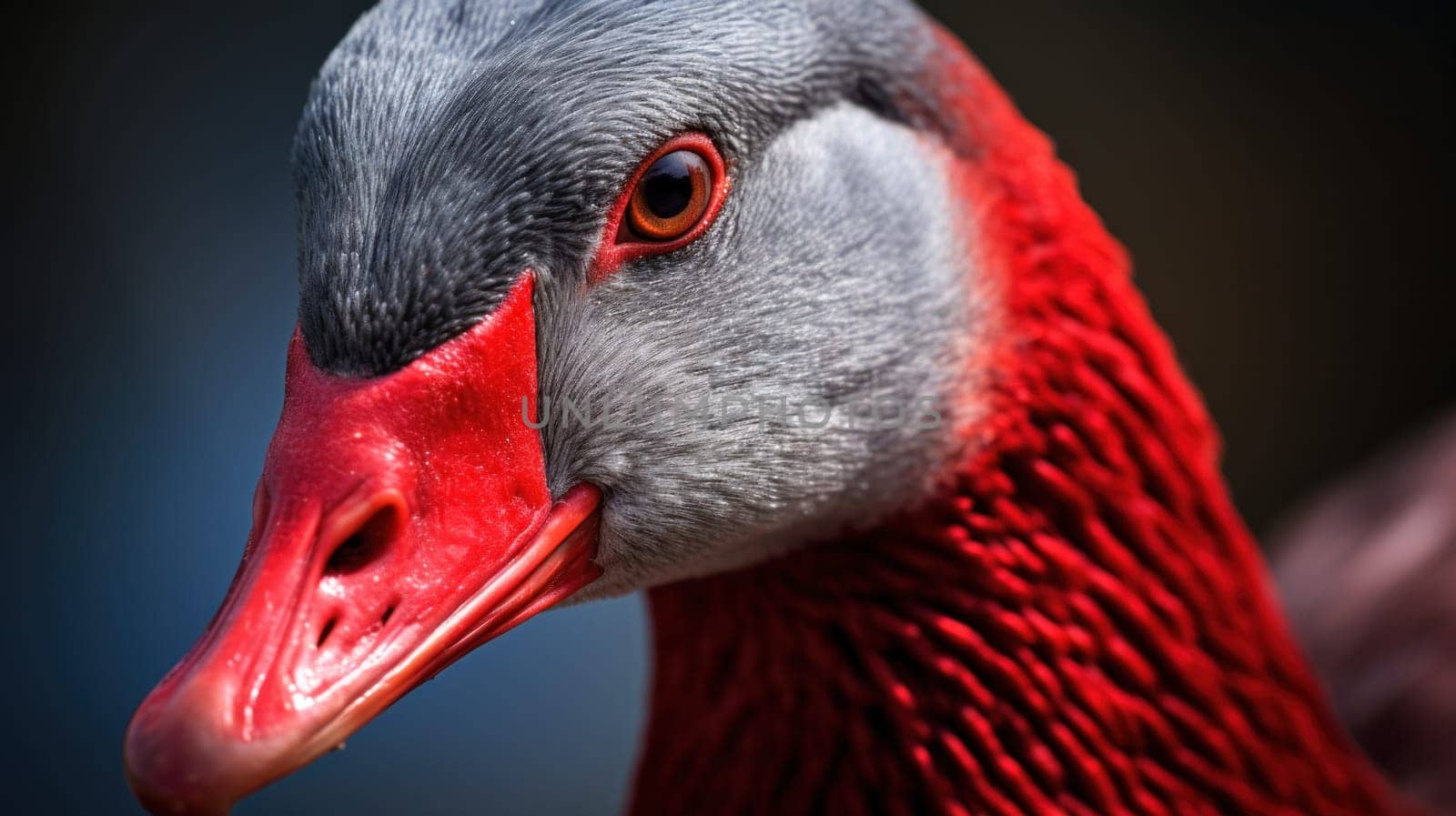 A close up of a bird with red and grey feathers