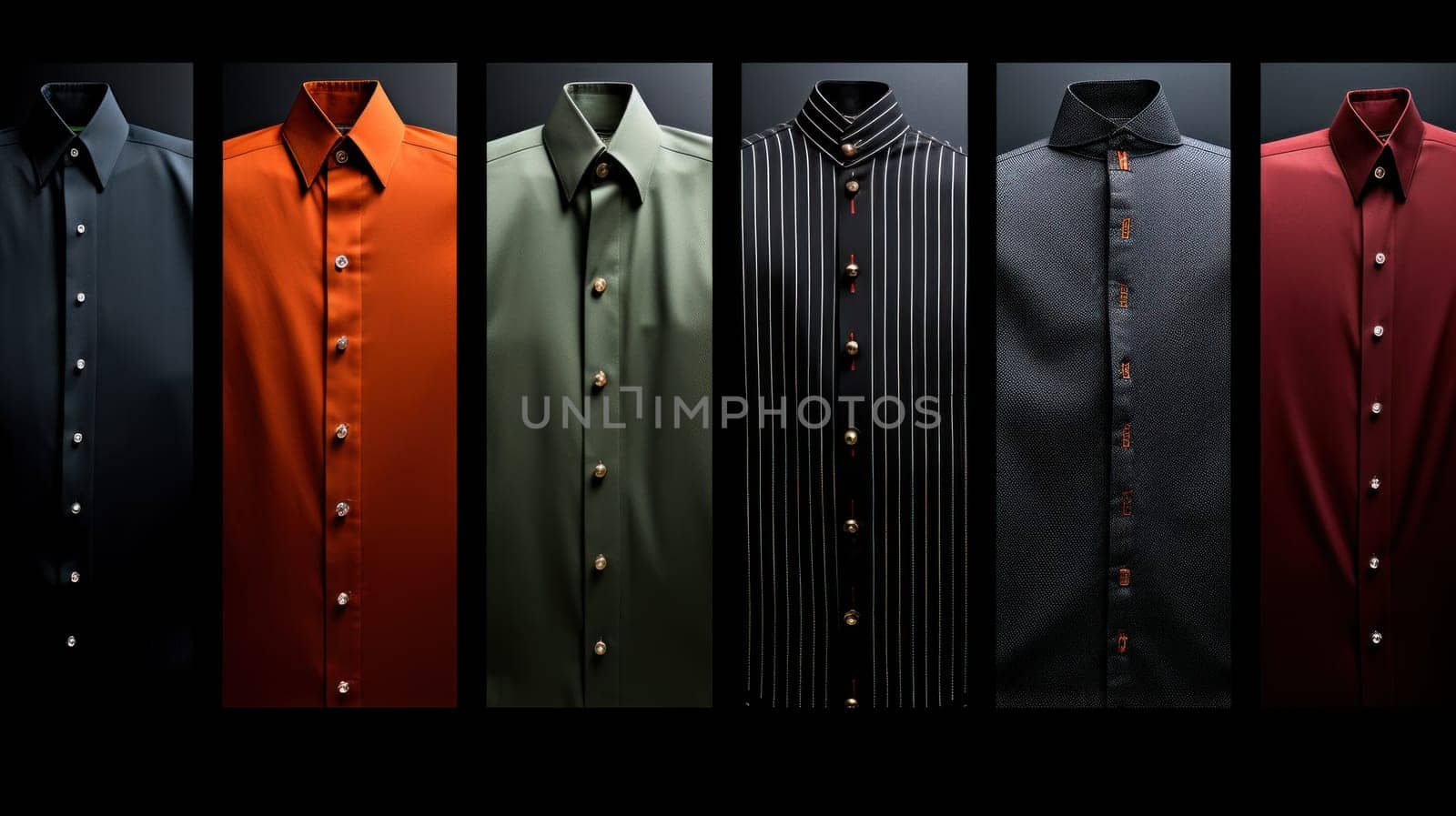 A row of men's dress shirts with different colors and patterns