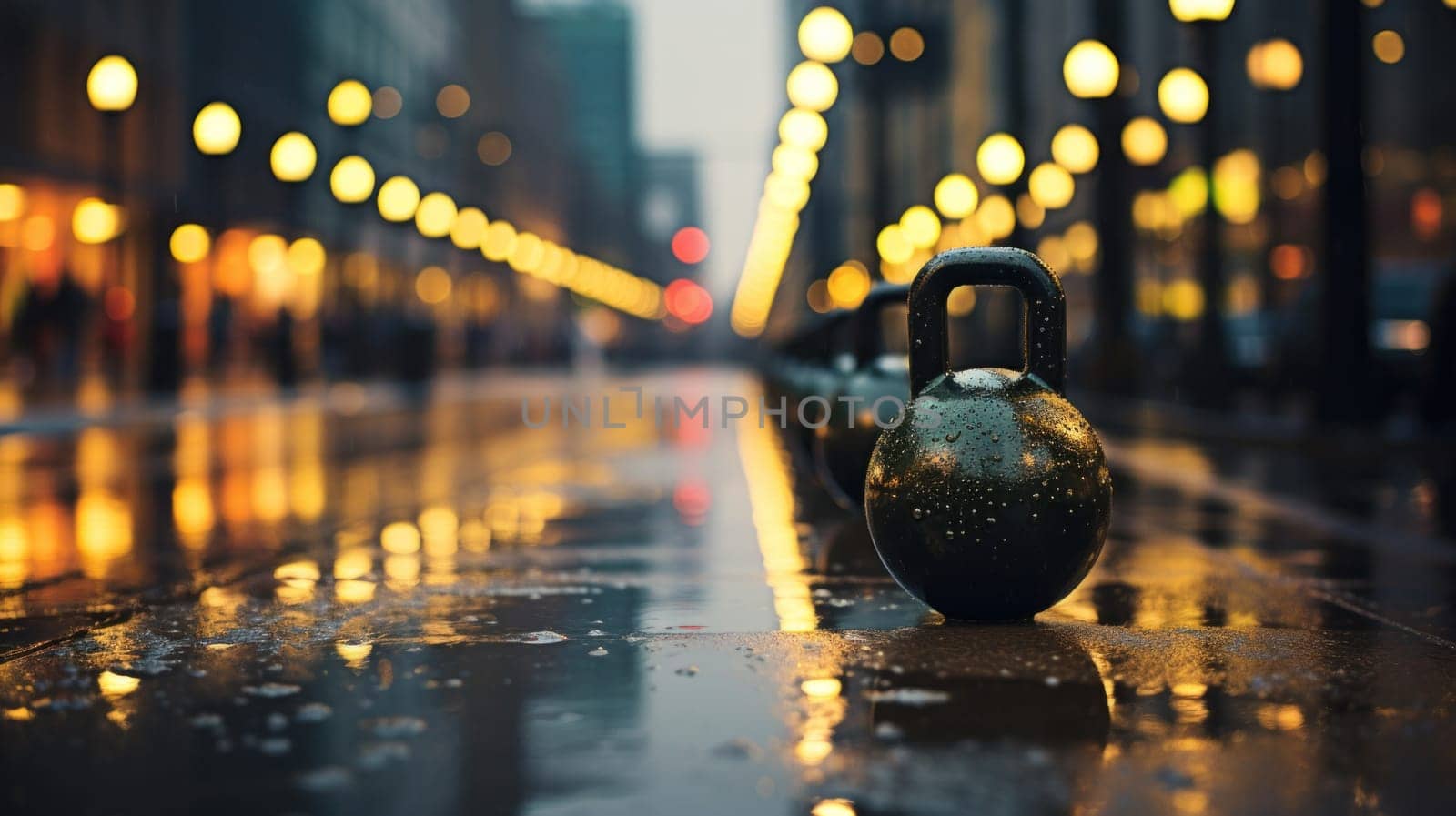 A row of kettle bells on a wet street in the rain