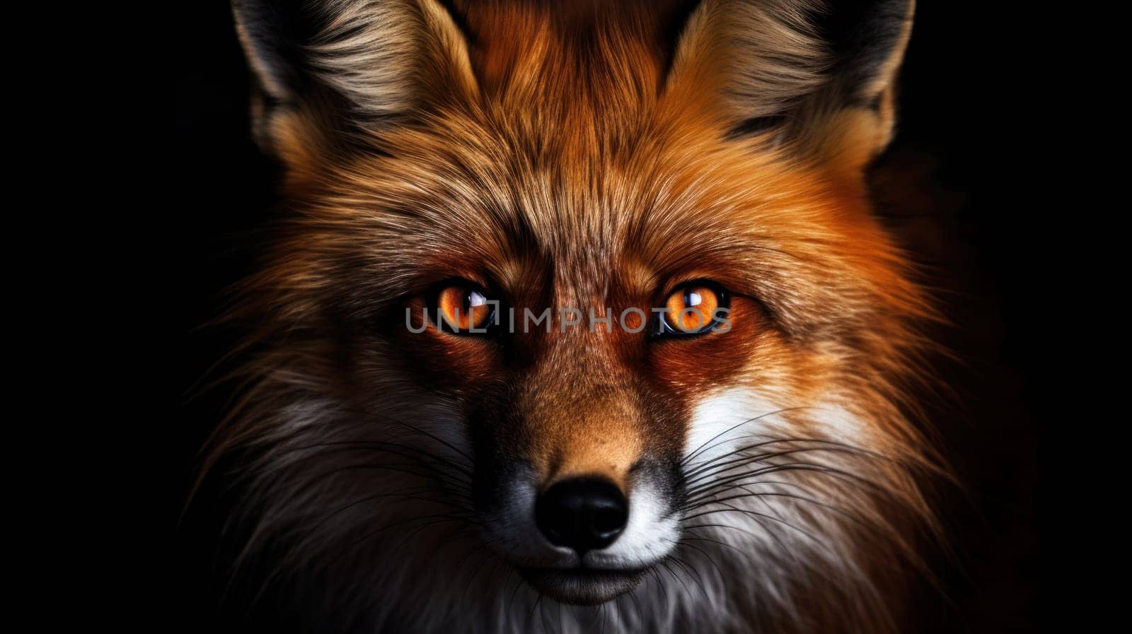 A close up of a fox with orange eyes and glowing yellow teeth, AI by starush