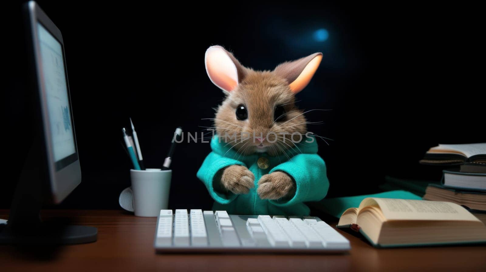 A brown rabbit wearing a green sweater sitting at the computer