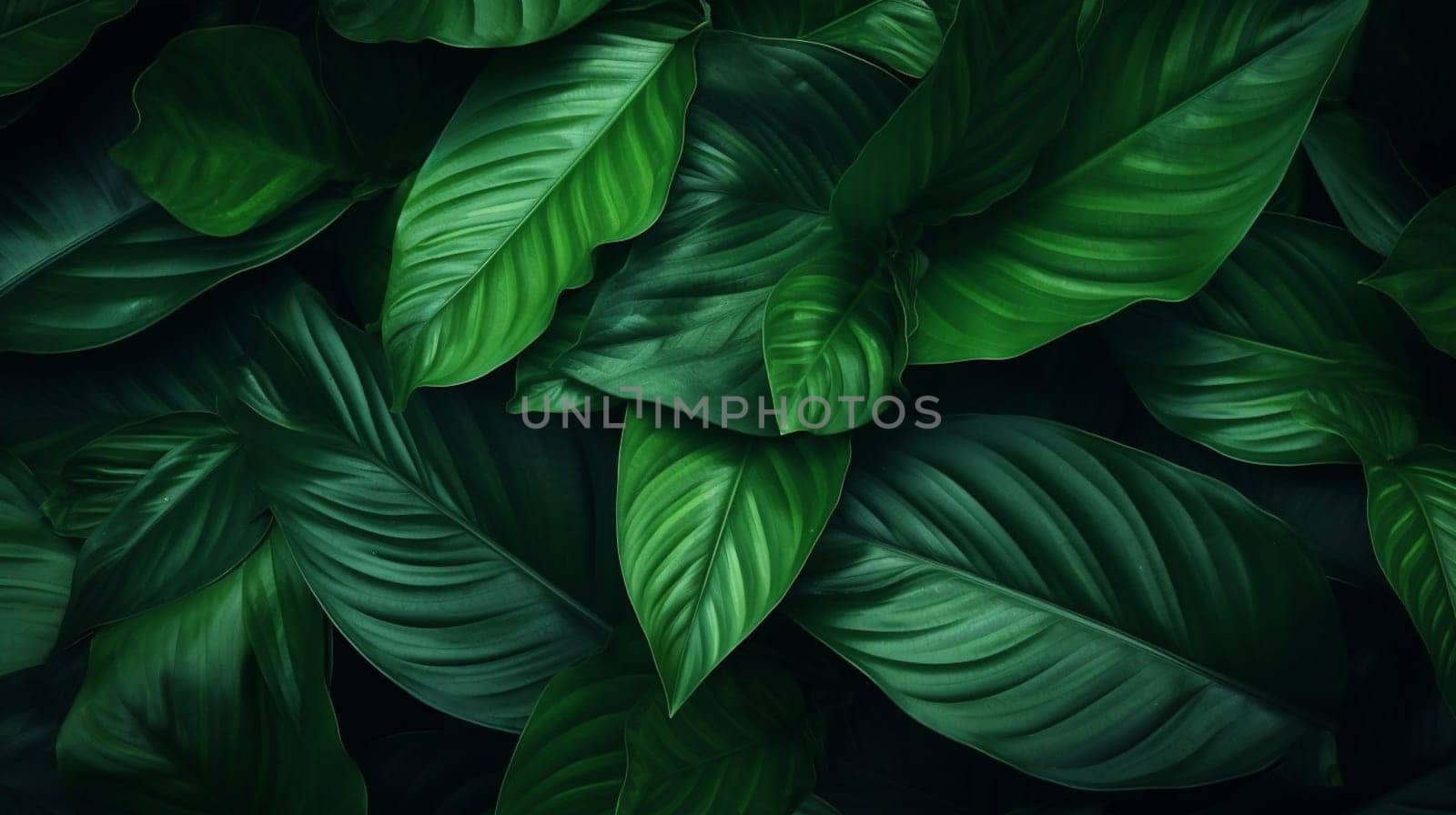 Lush green leaves with pronounced veins creating a natural pattern. High quality photo