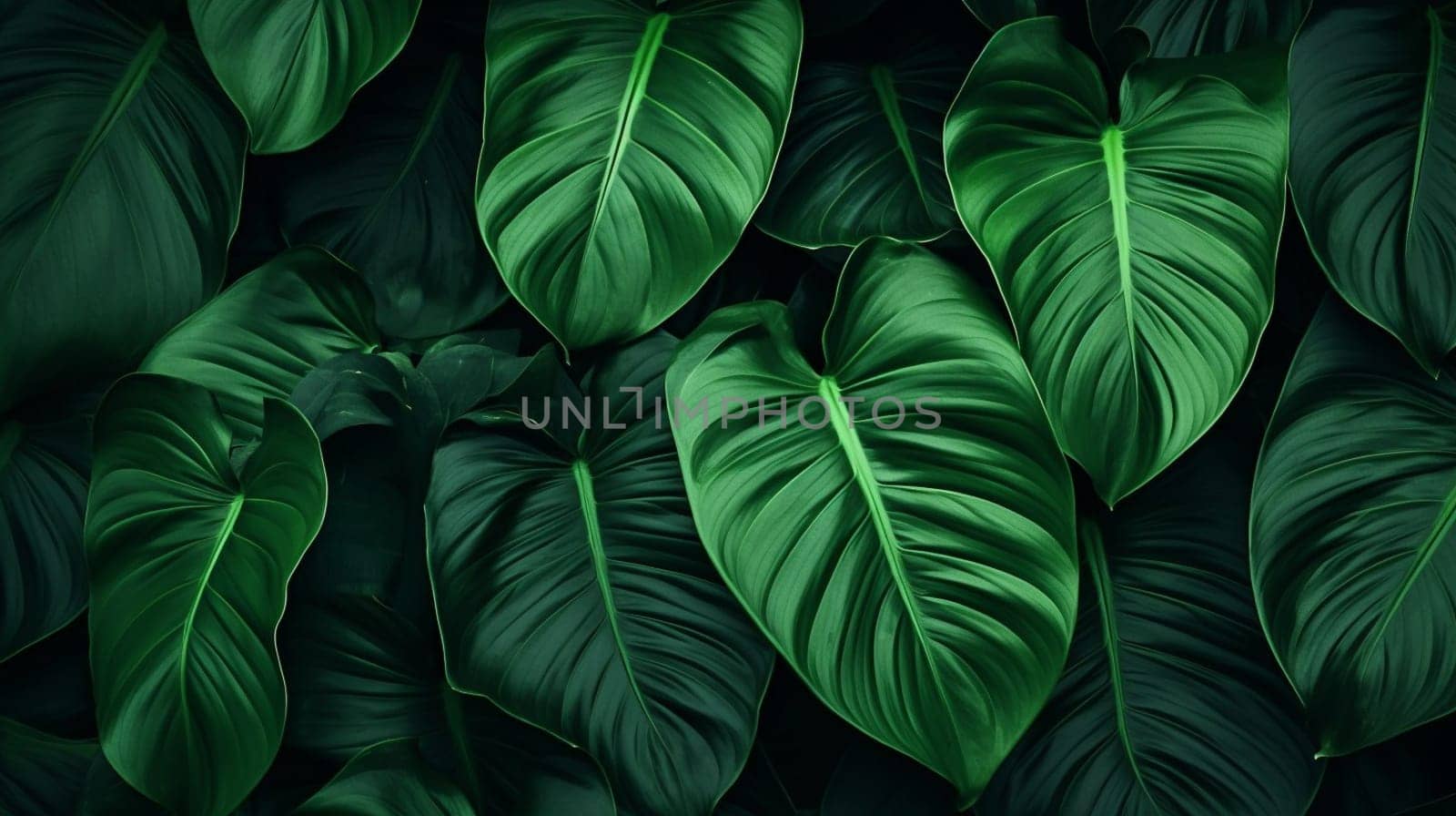 Lush green tropical leaves forming a dense, natural pattern. High quality photo