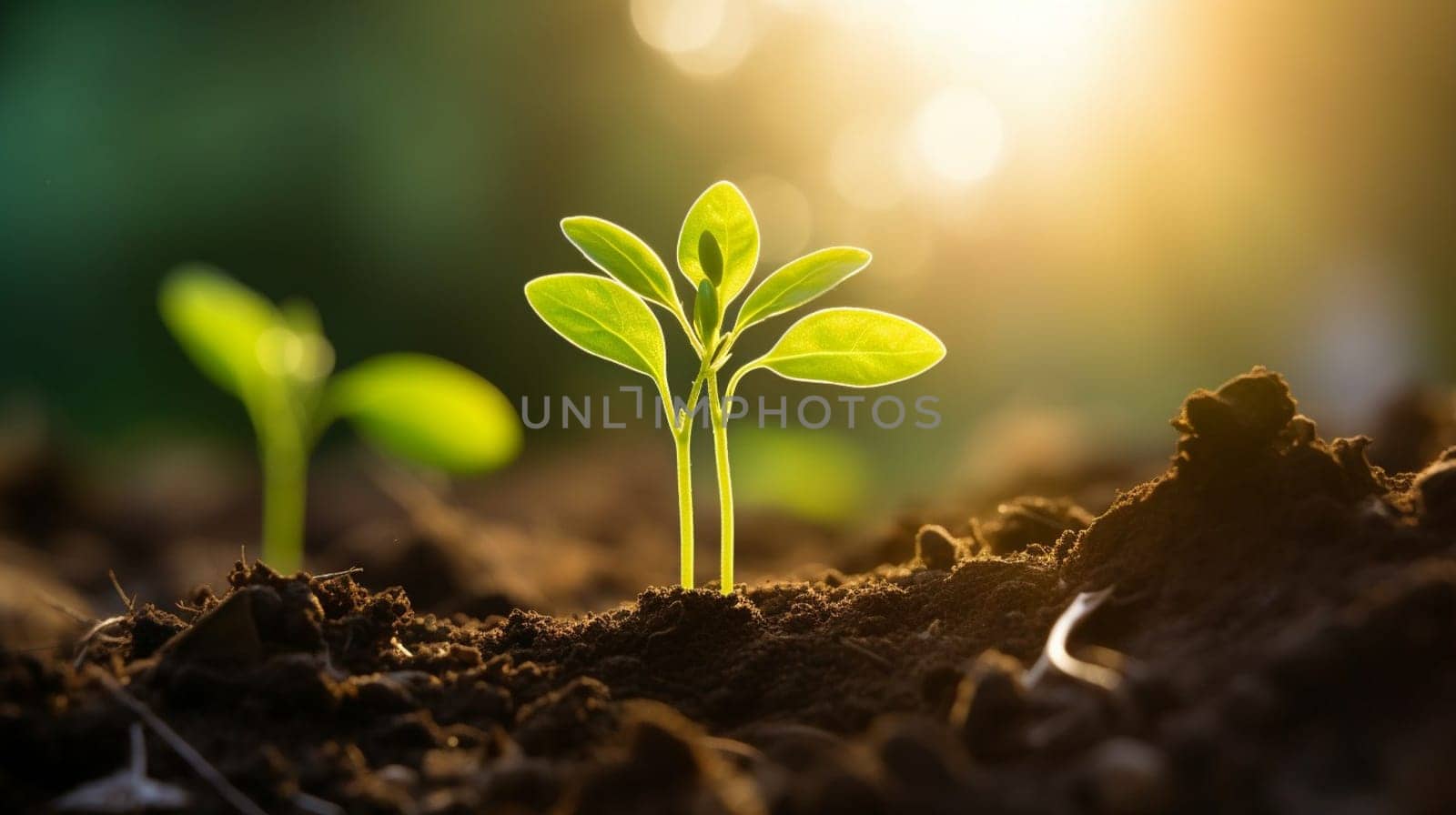Young plant sprouting on soil with sunlight backdrop by kizuneko