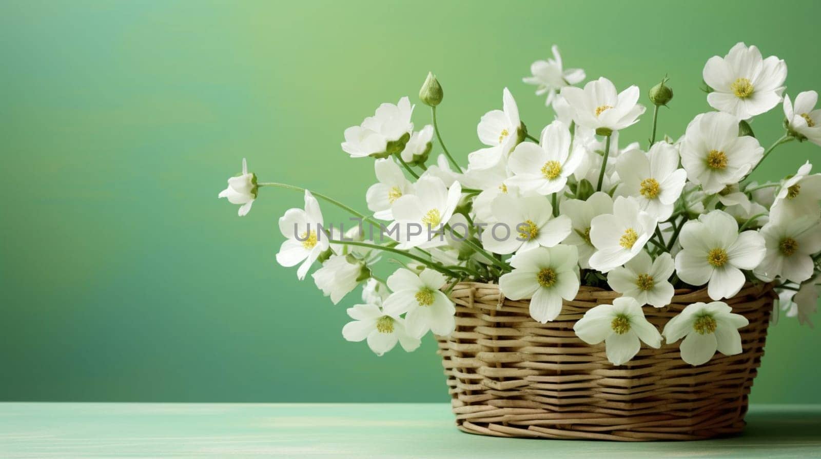 White flowers in a wicker basket on a green background. High quality photo
