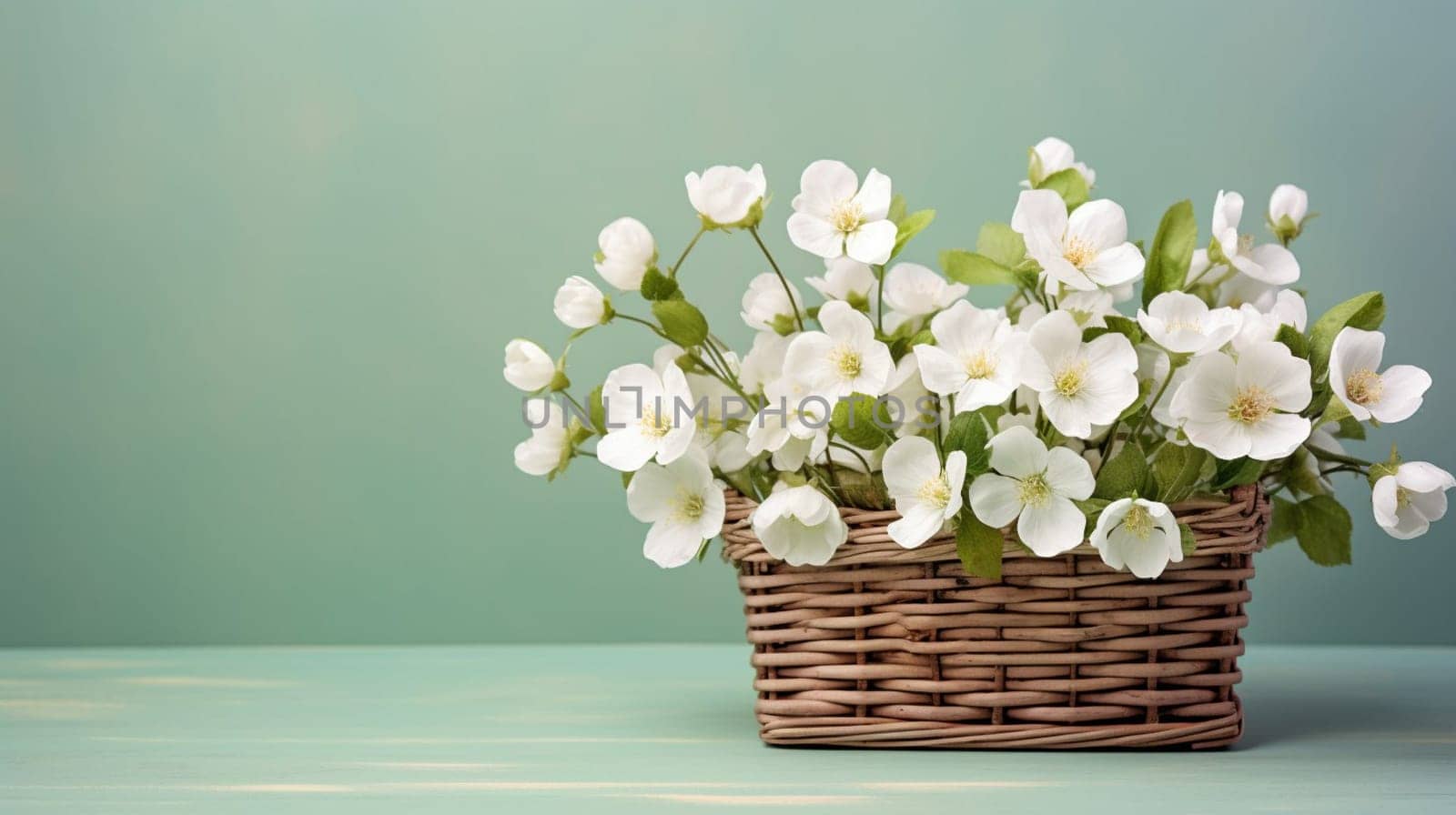 Basket of white flowers on wooden surface against green background. High quality photo
