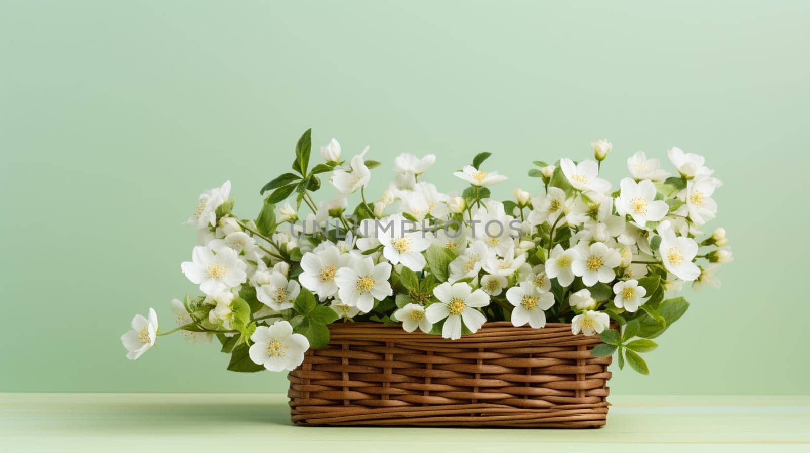 Basket of white flowers on wooden surface against green background. High quality photo