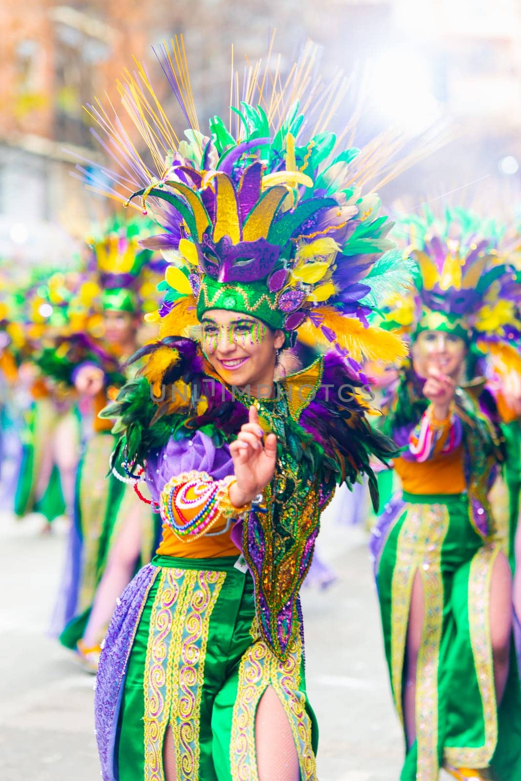 Badajoz, Spain, sunday. February 13 2024. Carnival parade through the streets of Badajoz