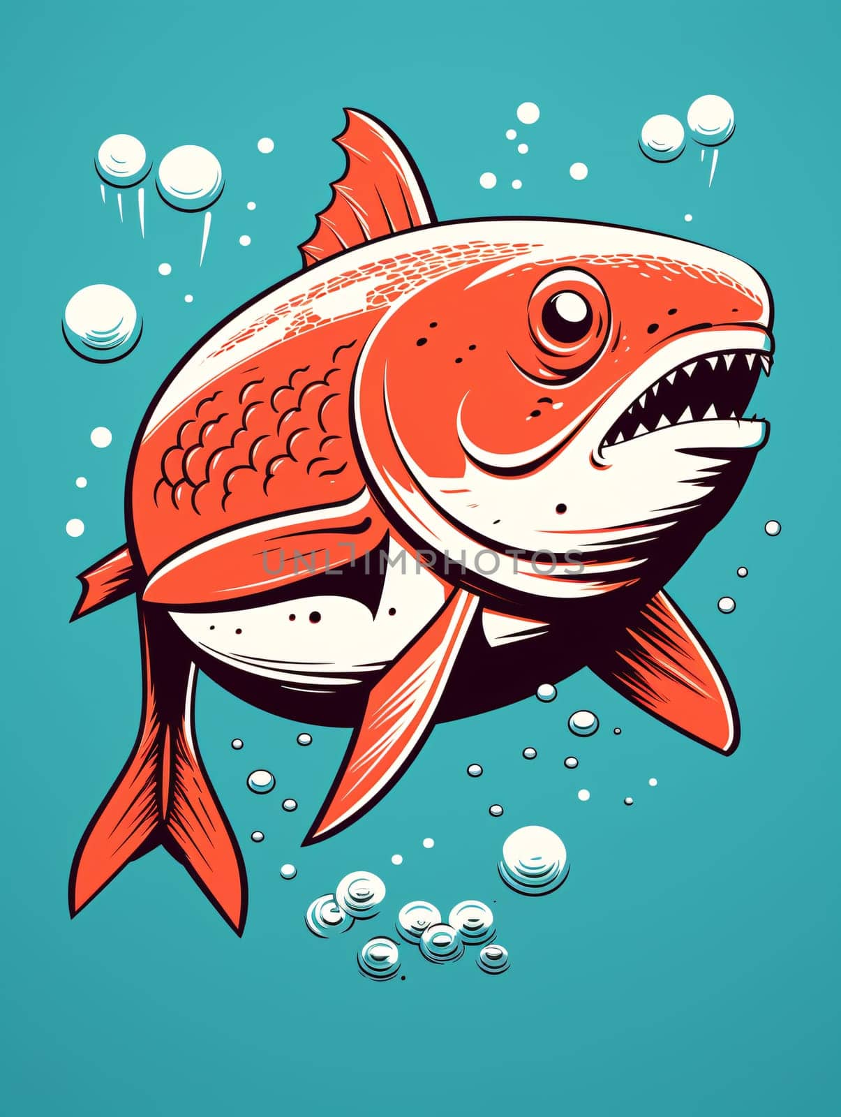 stylized red fish illustration with bubbles, and teal backdrop - Generative AI