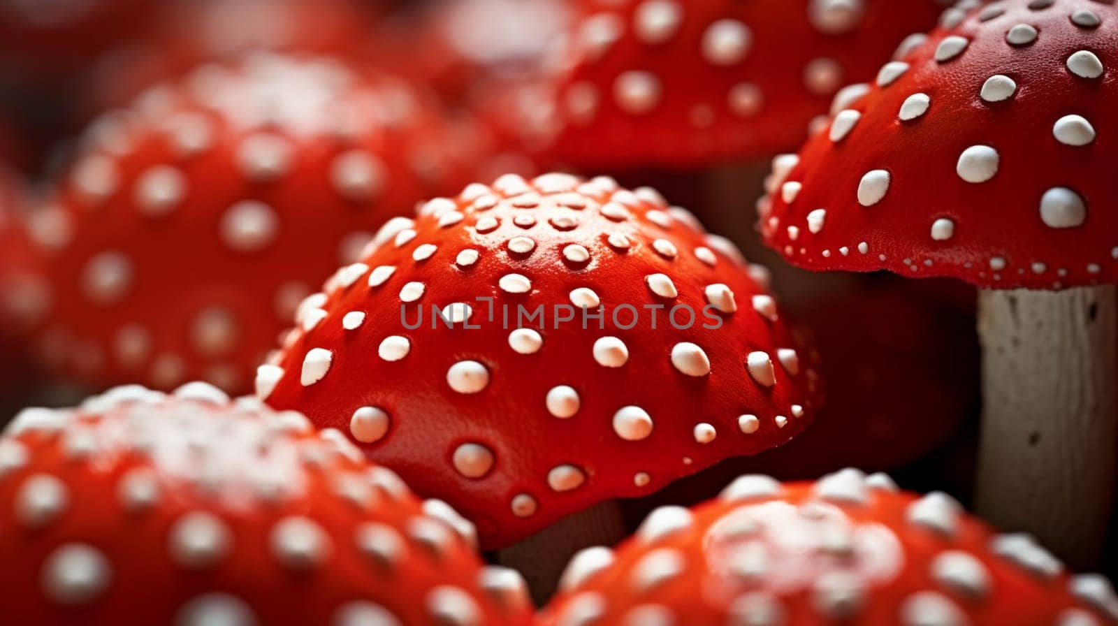 Vibrant red mushrooms with white spots, close-up, with a blurry background by kizuneko