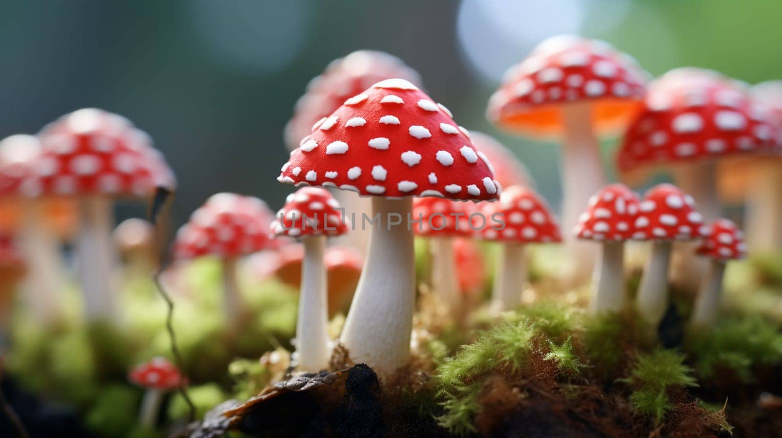 Red and white spotted mushrooms among forest foliage, displaying vivid colors and natural surroundings by kizuneko