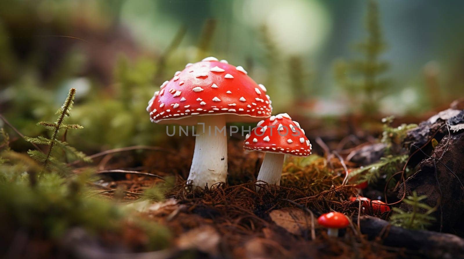 Red and white spotted mushrooms among forest foliage, displaying vivid colors and natural surroundings. High quality photo
