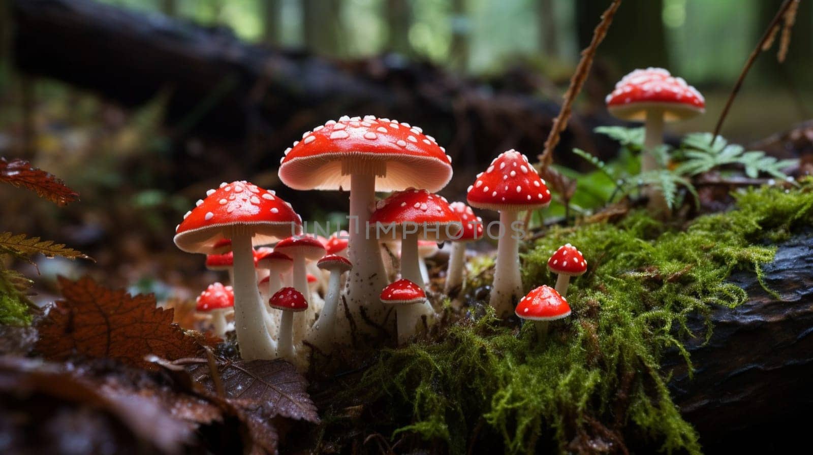 Red-capped mushrooms with white spots in a sunny forest setting by kizuneko