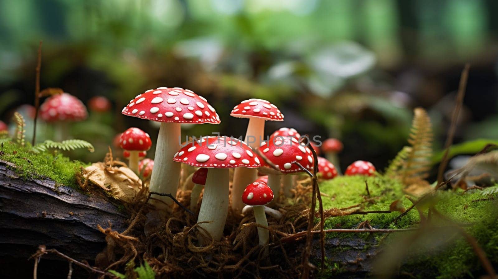 Red toadstools with white spots on mossy forest floor. High quality photo