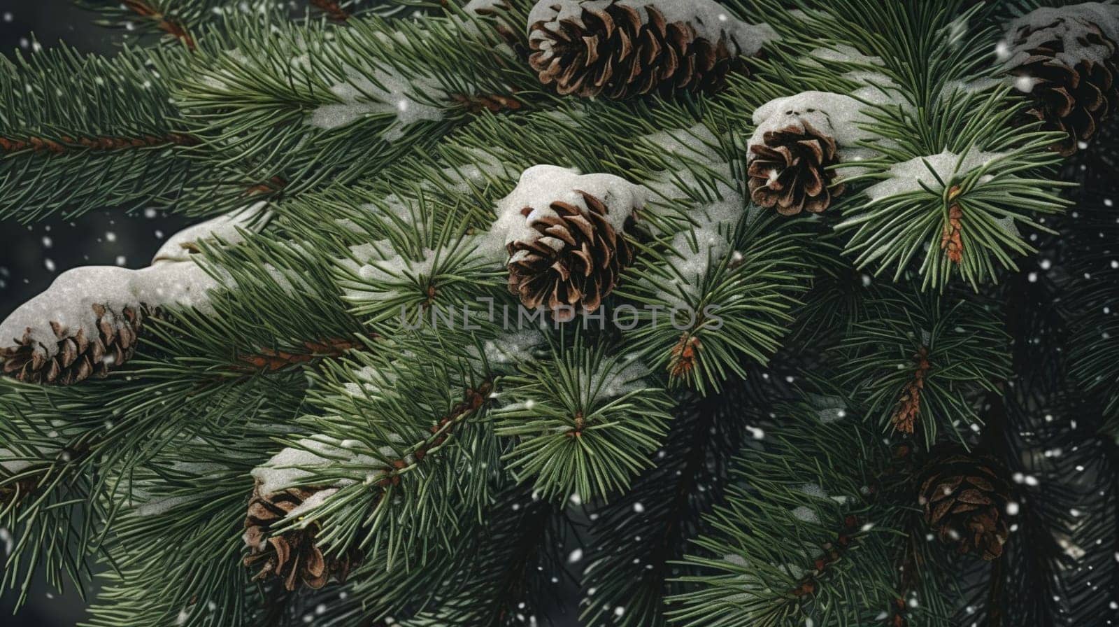 A close up of the evergreen branches of a coniferous Christmas tree, showcasing the larch twigs and terrestrial plant in a festive landscape