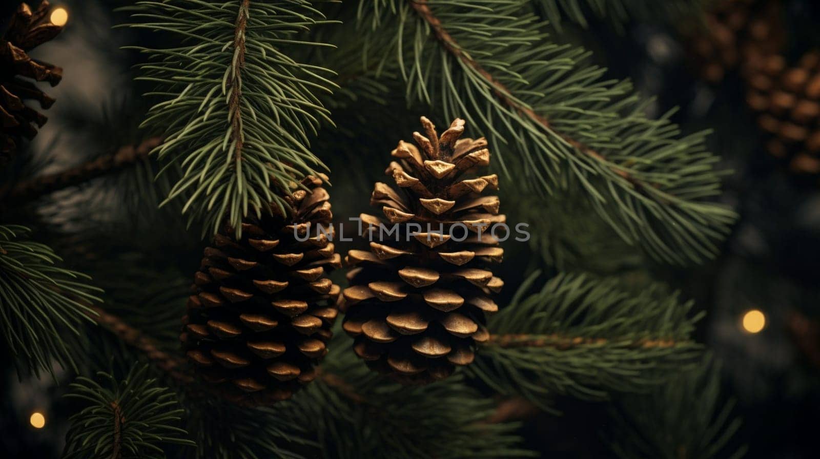 Pine cones hang amidst dark green fir branches, with a warm bokeh effect. High quality photo