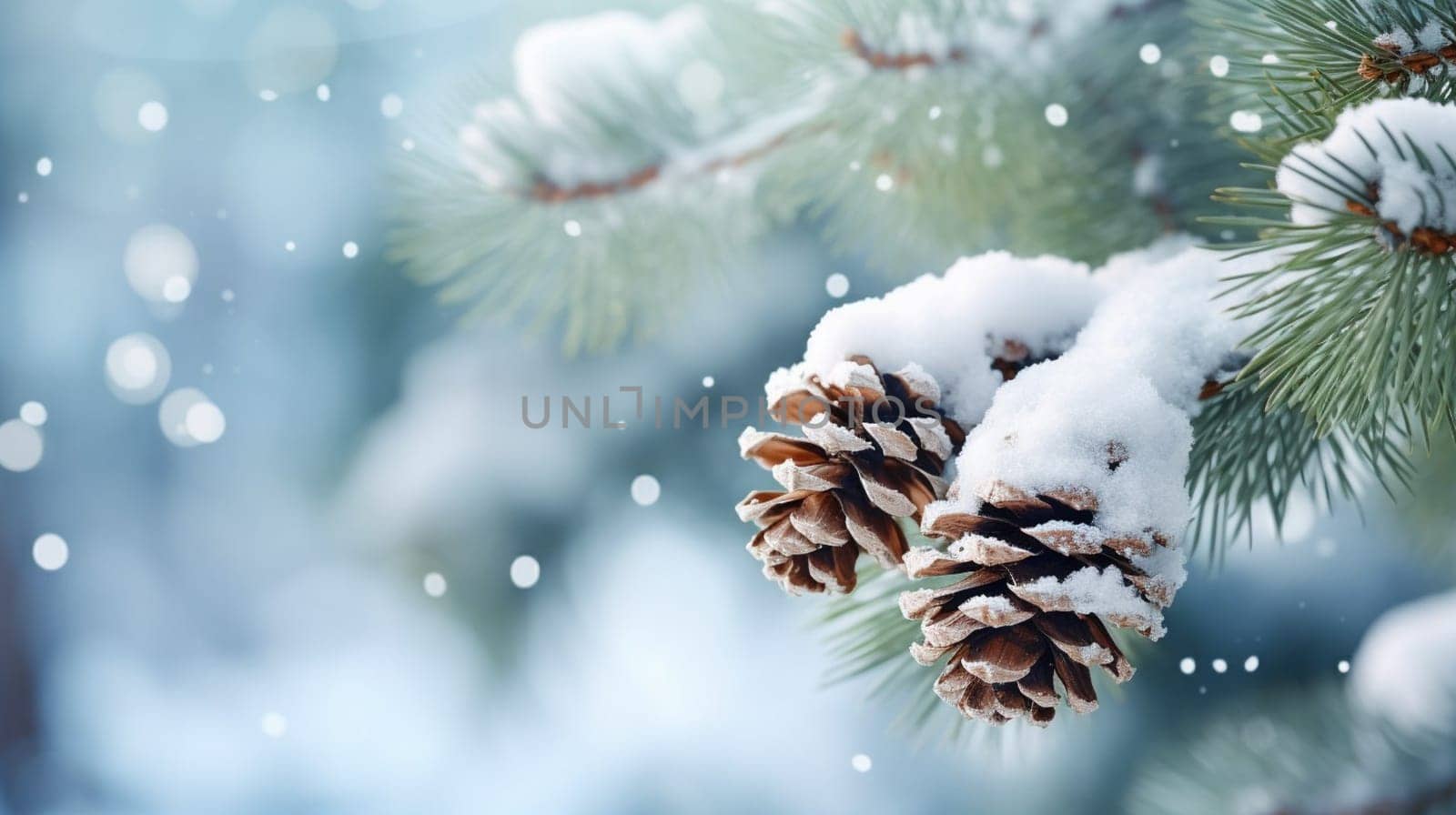 Snow-covered pine cones on a branch with falling snowflakes. High quality photo
