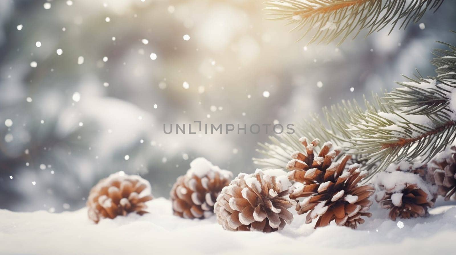 Pine cones and needles dusted with snow, soft focus, winter scene. High quality photo