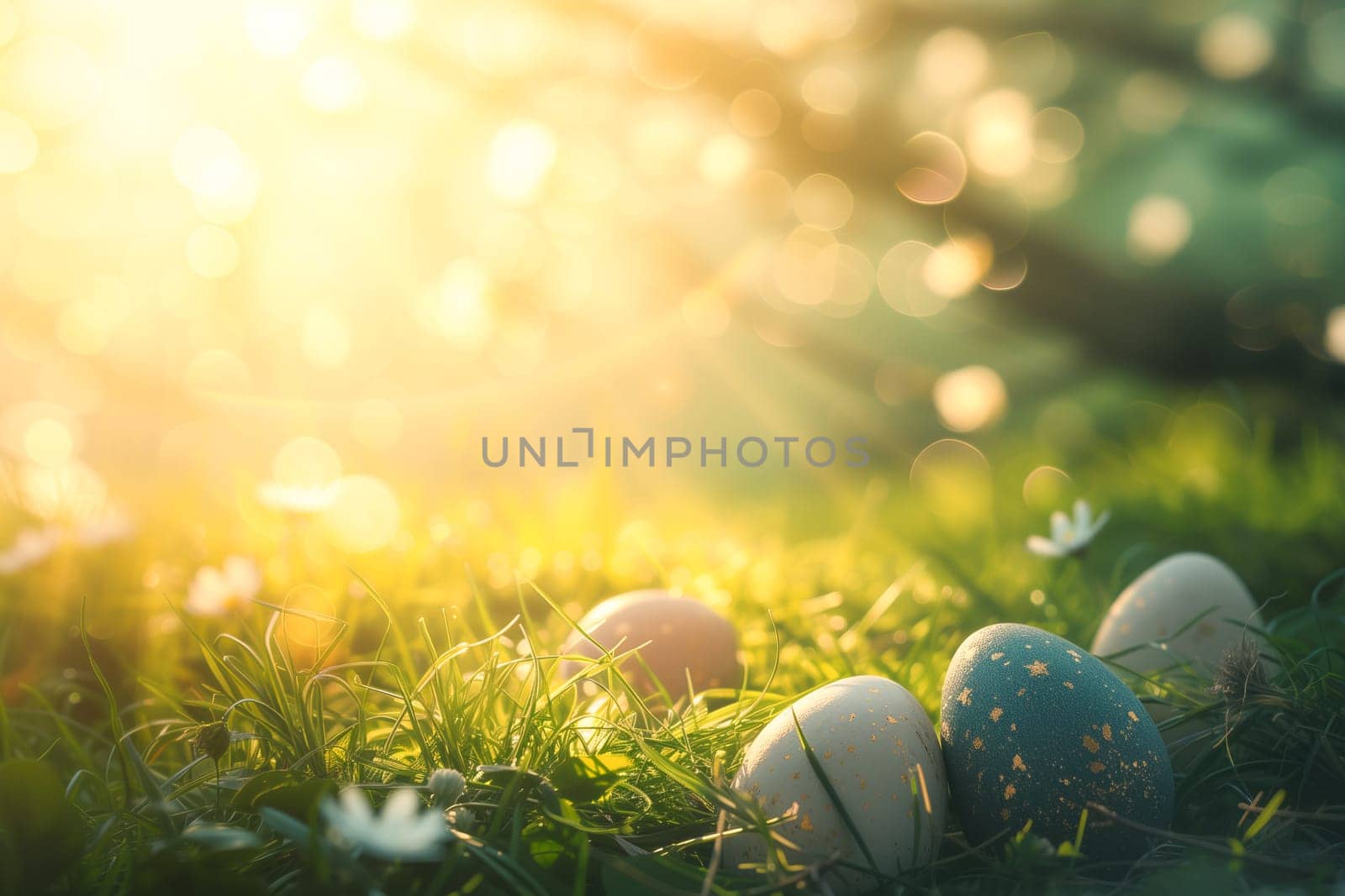 Easter eggs in grass with sunlight background ai generated image