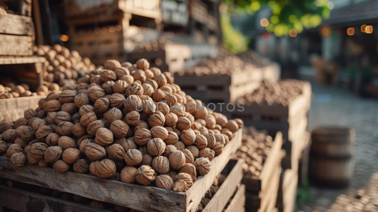 A pile of walnuts in a wooden crate on top of another